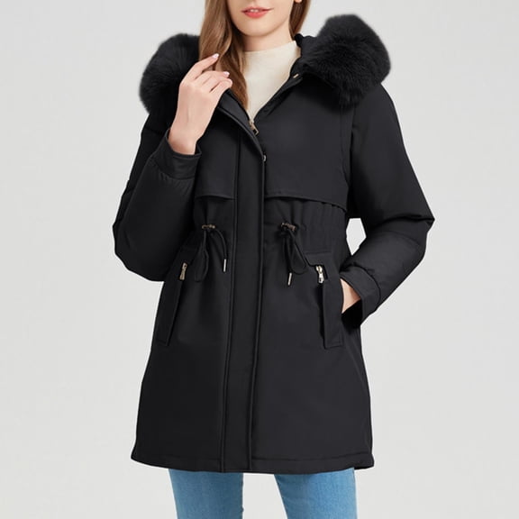 Women's Mid-length Solid Color Hooded Cotton Coat Black XL