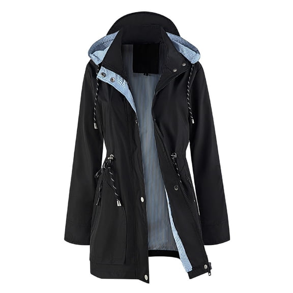 Women's Mid-length Trench Coat, Water-repellent, Detachable Hooded Jacket Black S