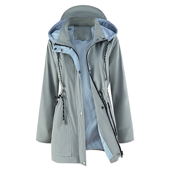 Women's Mid-length Trench Coat, Water-repellent, Detachable Hooded Jacket Gray S