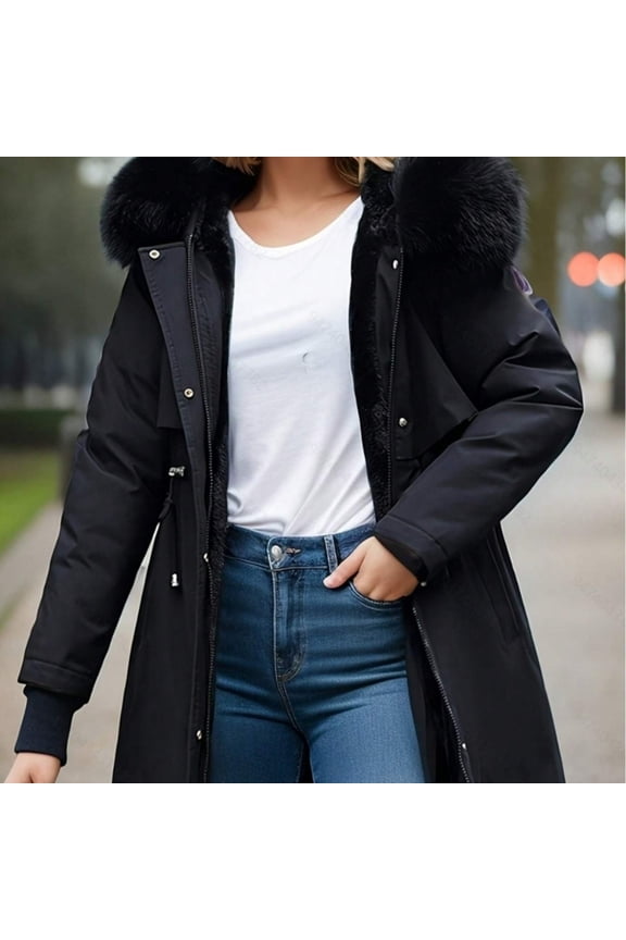Women's Mid-length Waist-fitted Thick Warm Coat with Large Fur Collar Jacket Parka