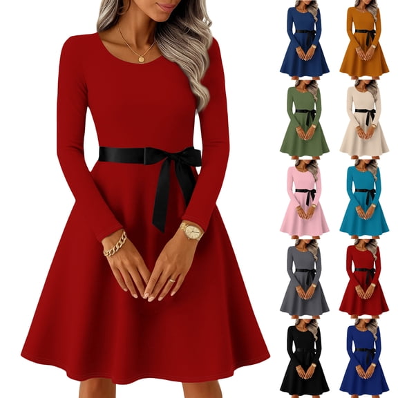 Women's Midi Dress Long Sleeve Crew Neck Solid Color Vintage Casual Belted Waist Dress for Spring Fall Everyday Wear,Green,4XL