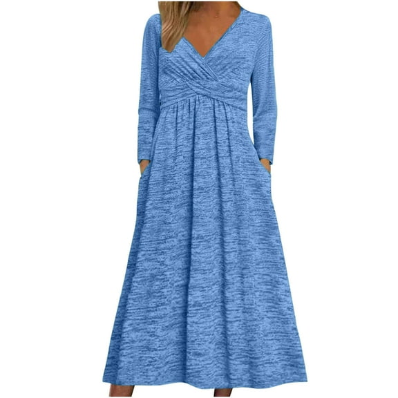 Women's Midi Dress Long Sleeve V Neck Ruched Waist Solid A Line Flare Dress with Pockets Blue 3XL
