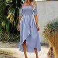thumbnail image 1 of Women's Midi Dress Off Shoulder Ruffle Short Sleeve Irregular Hem Flowy A Line Casual Summer Holiday Beach Party Wedding Guest Dress, 1 of 7