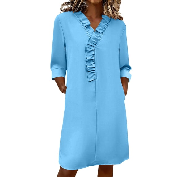 Women's Midi Dress V-Neck Ruffle Trim 3/4 Sleeve Shift Dresses with PocketsCasual Office Everyday Dresses for Women Light Blue S
