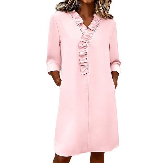 Women's Midi Dress V-Neck Ruffle Trim 3/4 Sleeve Shift Dresses with PocketsCasual Office Everyday Dresses for Women Pink 2XL