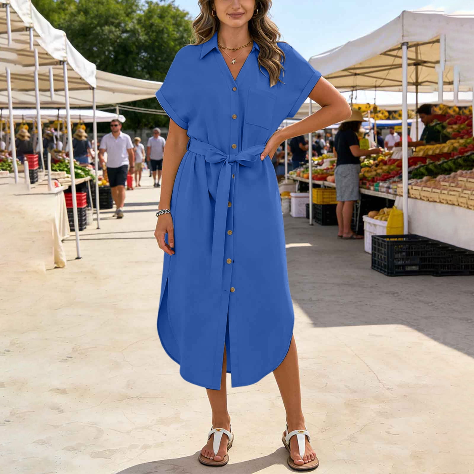 collared dresses women Pounoo Women's Midi Neck Short Sleeve Dresses Casual Daily Style Lightweight Breathable Waist Tie Button Front Loose Fit Dresses lightweight fabric Women's Short-Sleeve Collared Shirt Dress