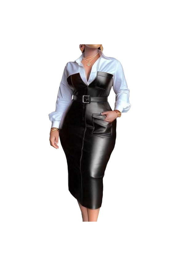 Women's Midi Dresses V-Neck 2 in 1 Long Sleeve Dress Shirt Collar Bodycon Dress Trendy Faux Leather Dress Black 3XL