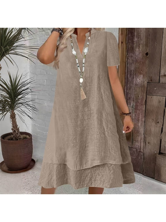 Women's Midi Dresses V Neck Short Sleeve Dresses Casual Daily Style Lightweight Breathable Double Layer Hem Loose Fit Dresses