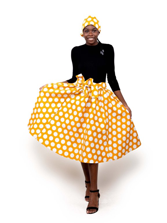 Women's Midi High Waist Maxi Cotton Skirt with Matching Head Wrap, 2 Deep Pockets & Elastic Waist with Attached Belts