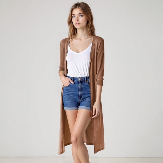 Women's Midi Length Cardigan, Ice Silk Blend Open Front Knit Cover Up, Lightweight and Breathable for Spring Summer Layering, Beach Cover Ups, and Casual Wear-Brown