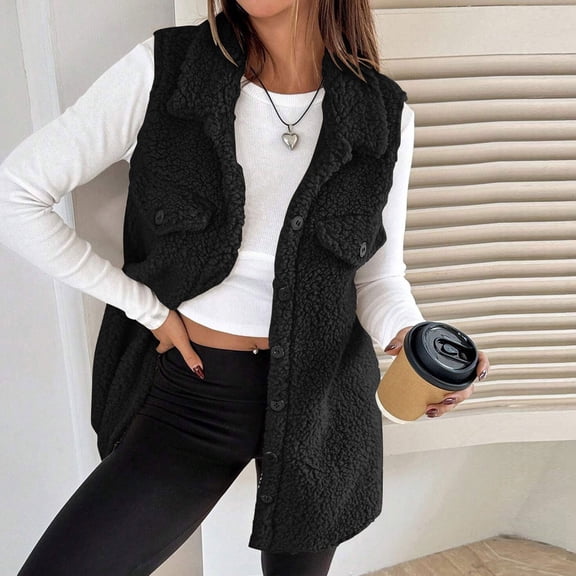 Women's Midi Length Fleece Vest, Shawl Collar Sleeveless Jacket, Button Down Vest, Warm Plush Vest, Fall Winter Layering Piece, Office Cardigan, Casual Vest Black L