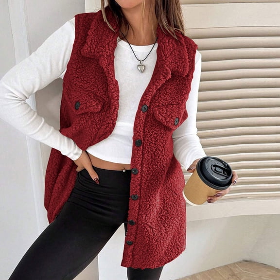 Women's Midi Length Fleece Vest, Shawl Collar Sleeveless Jacket, Button Down Vest, Warm Plush Vest, Fall Winter Layering Piece, Office Cardigan, Casual Vest Red XXL