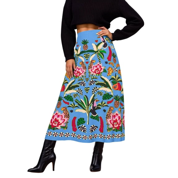 Women's Midi Length Skirt Floral Print Casual Stretch Soft Lightweight Breathable Blue Skirt M