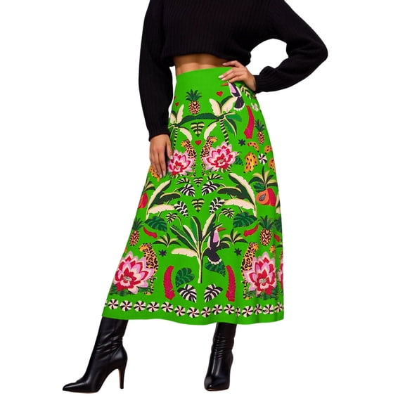 Women's Midi Length Skirt Floral Print Casual Stretch Soft Lightweight Breathable Green Skirt S