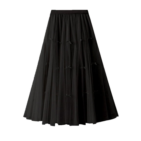 Women's Midi Length Skirts Lightweight Chiffon Dress Bow High Waisted Wide Fall Winter Black Skirt M