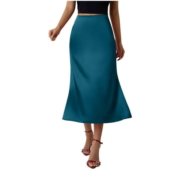 Women's Midi Satin Skirt High Waisted Elegant Dressy Work Skirts Solid Color A-Line Flowy Skirts for Party Wedding Blue L