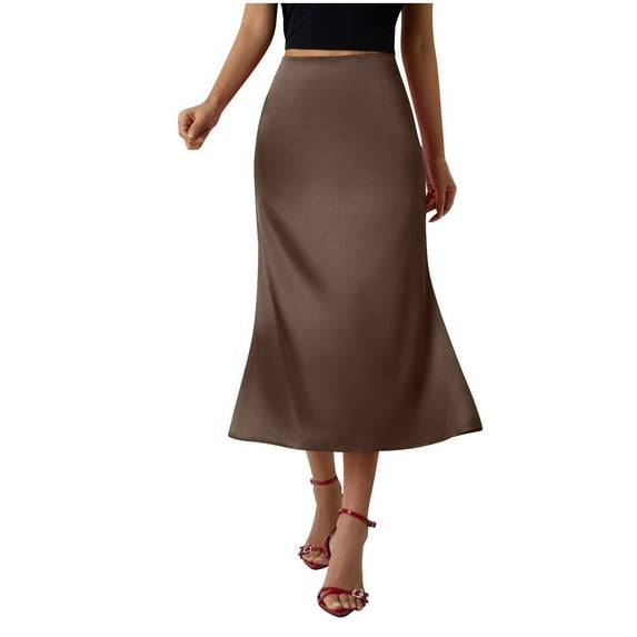 Women's Midi Satin Skirt High Waisted Elegant Dressy Work Skirts Solid Color A-Line Flowy Skirts for Party Wedding Coffee S