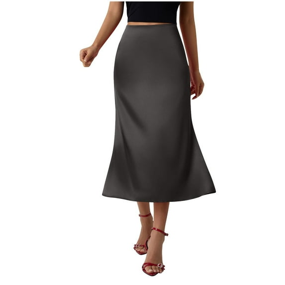 Women's Midi Satin Skirt High Waisted Elegant Dressy Work Skirts Solid Color A-Line Flowy Skirts for Party Wedding Dark Gray XL