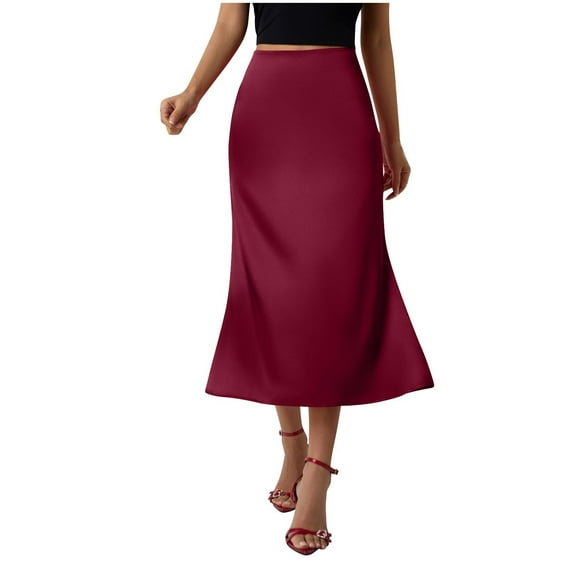 Women's Midi Satin Skirt High Waisted Elegant Dressy Work Skirts Solid Color A-Line Flowy Skirts for Party Wedding Wine S