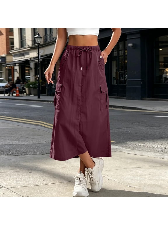 Women's Midi Skirt Solid Cargo Silhouette High Waist Skirts Drawstring Elastic Waistband Split Hem Multi Pockets Skirt