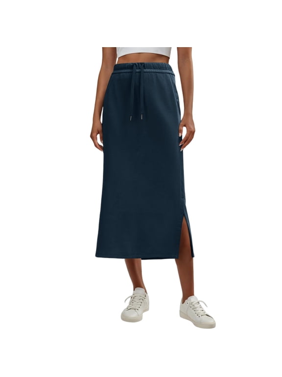Women’s Midi Skirt with Elastic Waistband Drawstring and Side Slit Casual Straight Fit Soft Fabric Suitable for Daily Wear Navy S