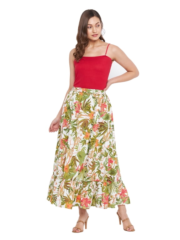 Women's Midi Skirts Long Floral A-Line Printed Ladies Skirts for Summer, Green