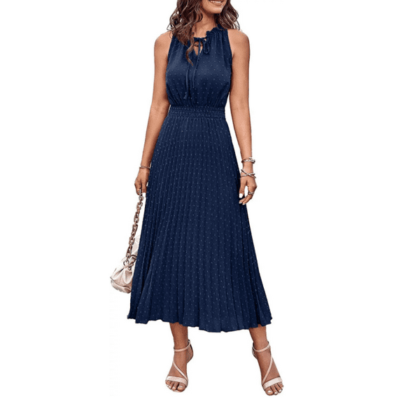 Women's Midi Summer Dresses Casual V Neck Swiss Dot Ruffle Sleeveless A Line Beach Sun Dress