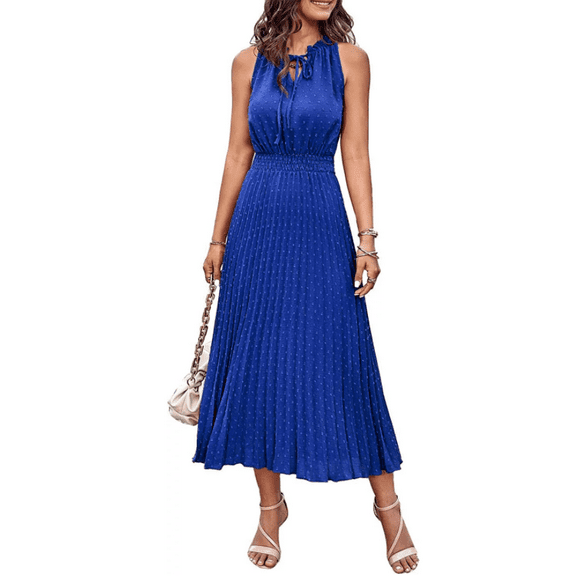 Women's Midi Summer Dresses Casual V Neck Swiss Dot Ruffle Sleeveless A Line Beach Sun Dress