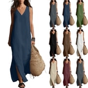Womens Midi Summer Dresses Sleeveless V-Neck Solid Color Linen Midi Dress With Side Split Summer Spring Vacation Clothes