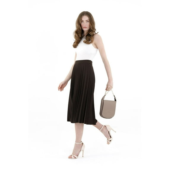 Women's Midi Thin Pleated Below the Knee Brown Skirt