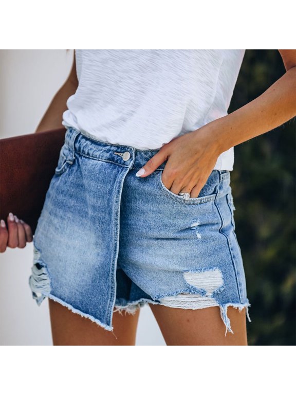Women's Midi Waist Distressed Denim Shorts Ripped Cut Off Raw Hem Asymmetric Wrap Jeans Skorts Light Blue 2XL