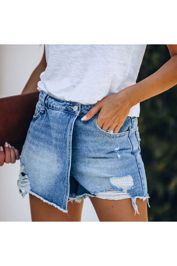Women's Midi Waist Distressed Denim Shorts Ripped Cut Off Raw Hem Asymmetric Wrap Jeans Skorts Light Blue L