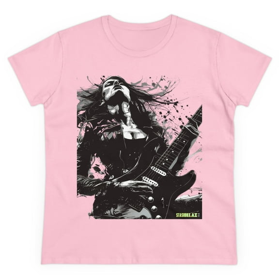 Women's Midweight Cotton Tshirt Girl Guitarist Rocking 001