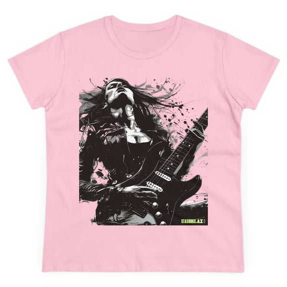 Women's Midweight Cotton Tshirt Girl Guitarist Rocking 001