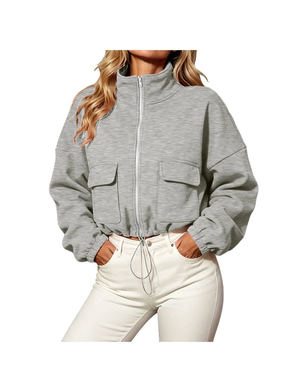 Women's Military Cropped Jackets Zip Up Lightweight Oversized Utility Anorak Coat with Pockets