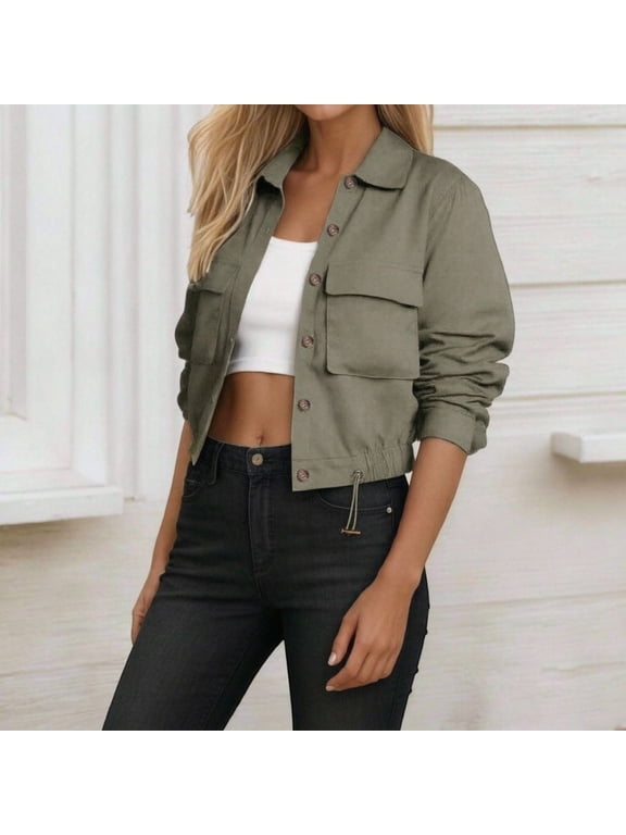 Women's Military Safari Cropped Lightweight Jackets with Pockets Cropped Utility Anorak Coat Bomber Jacket for Women (Green L)