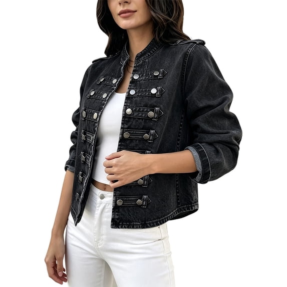 Women's Military Style Cropped Jacket Stand Collar Double Breasted Epaulet Coat Casual Fall Outfits Daily Outerwear