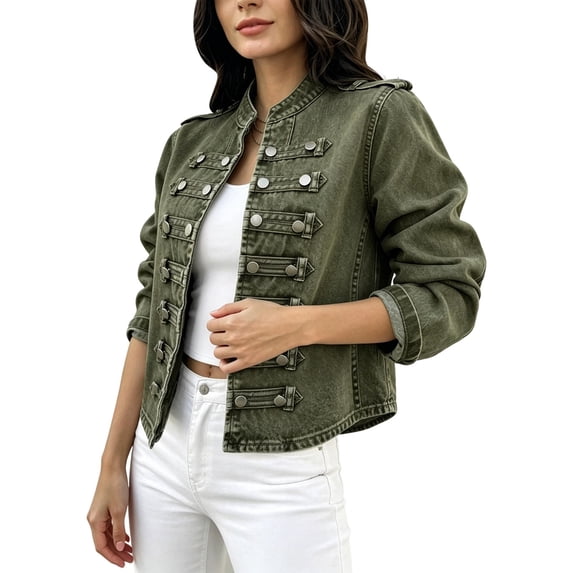 Women's Military Style Cropped Jacket Stand Collar Double Breasted Epaulet Coat Casual Fall Outfits Daily Outerwear