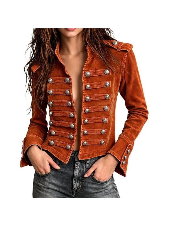 Women's Military Style Denim Jacket,Steampunk Jean Jacket Stand Collar Vintage Gothic Coat,Open Front Double Breasted Cropped Coats,Decorative Buttons,Long Sleeve Outerwear,Halloween Party Streetwear