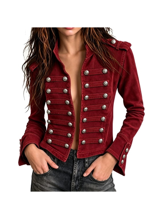 Women's Military Style Denim Jacket,Steampunk Jean Jacket Stand Collar Vintage Gothic Coat,Open Front Double Breasted Cropped Coats,Decorative Buttons,Long Sleeve Outerwear,Halloween Party Streetwear