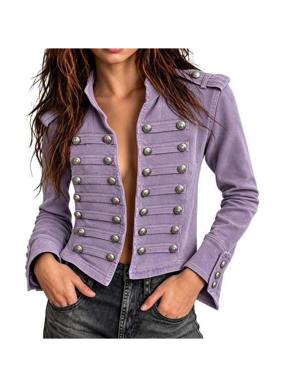Women's Military Style Denim Jacket,Steampunk Jean Jacket Stand Collar Vintage Gothic Coat,Open Front Double Breasted Cropped Coats,Decorative Buttons,Long Sleeve Outerwear,Halloween Party Streetwear