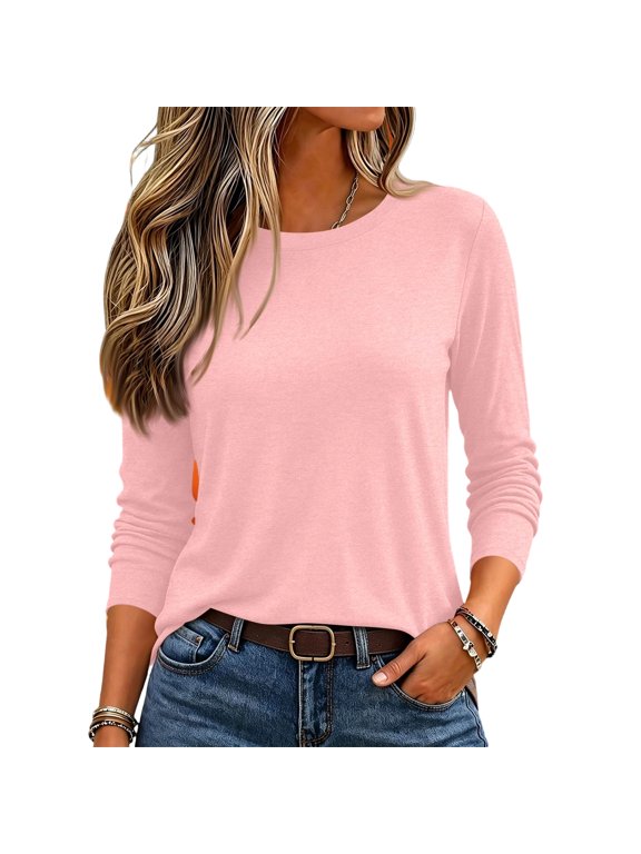 Women's Milk Silk Round Neck Base Layer Top, Loose Fit Long Sleeve Undershirt, Plus Size Soft Thermal Layering Tee for Winter 11-Pink M