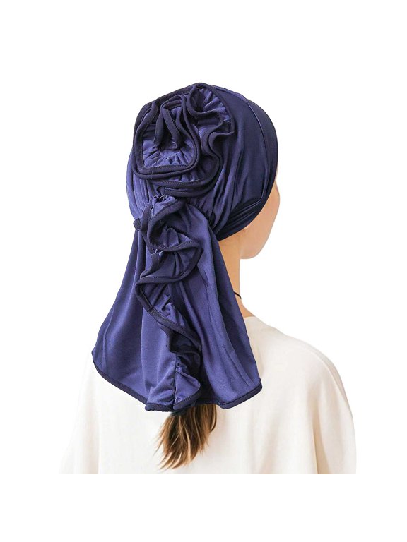 Women's Milk Silk Ruffled Rose Turban Headwrap Hat with Ponytail Opening