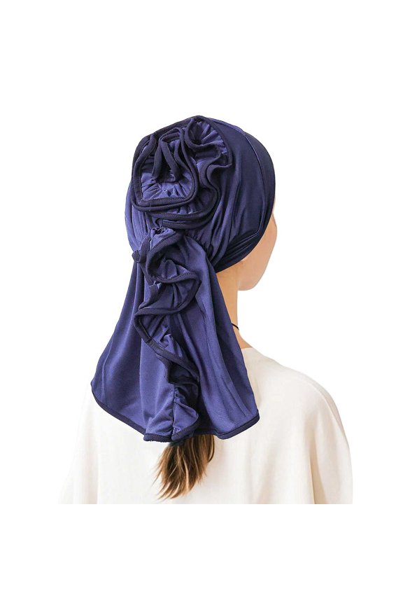 Women's Milk Silk Ruffled Rose Turban Headwrap Hat with Ponytail Opening