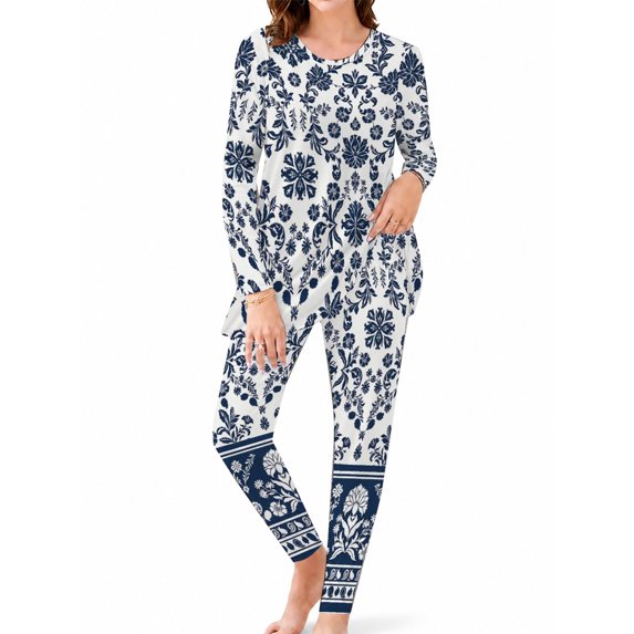Women's Milk Silk Sleepwear Long Sleeve Pajama Set Indigo Blue Floral 2 Piece Loungewear