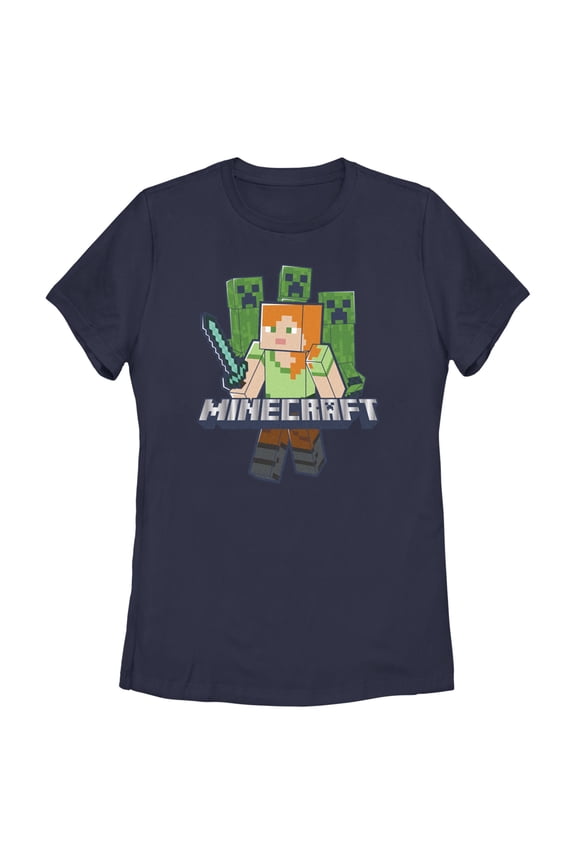 Women's Minecraft Alex and Creepers Graphic Tee Navy Blue Small
