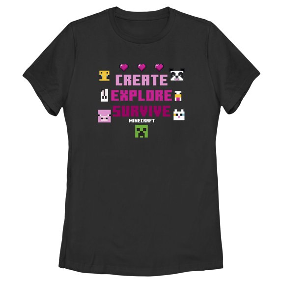 Women's Minecraft Create Explore Survive Animals  Graphic Tee Black Small
