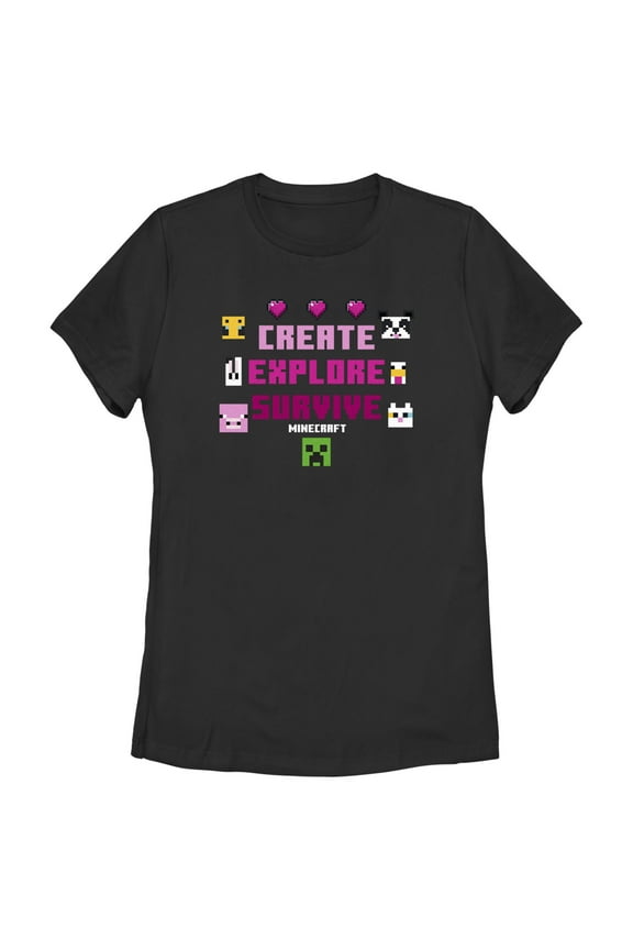 Women's Minecraft Create Explore Survive Animals Graphic Tee Black Small
