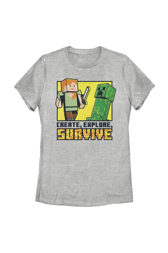 Women's Minecraft Create Explore Survive Graphic Tee Athletic Heather 2X Large