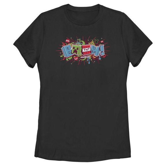 Women's Minecraft Creeper Boom Colorful Graphic Tee Black Medium